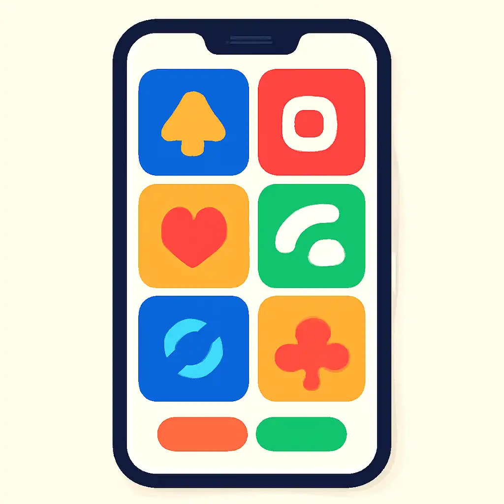 Smartphone shown from the front displaying a colourful flat layout of abstract game icons and rounded tiles, Rummy Nabob