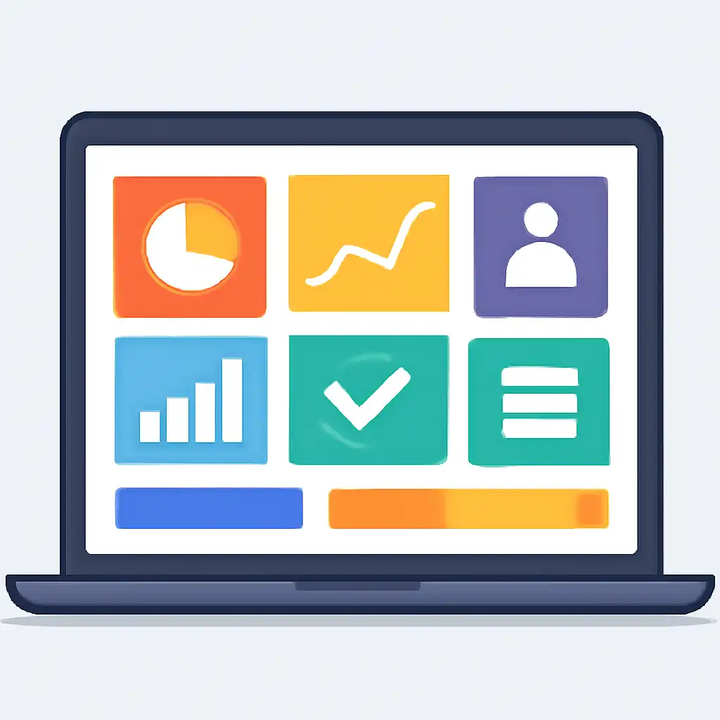 Laptop shown from the front displaying a colourful flat dashboard of abstract charts, bars and icon tiles, Rummy Nabob