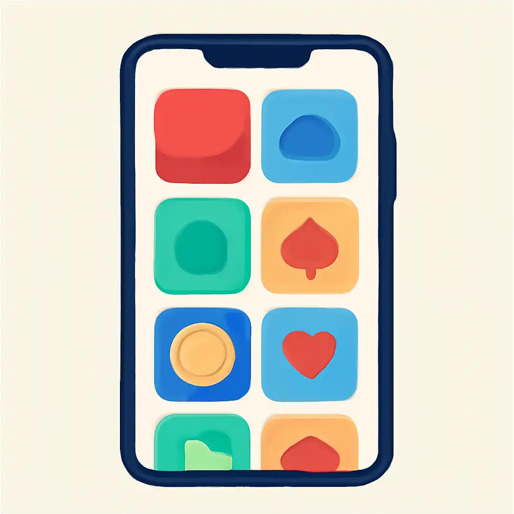 Smartphone shown from the front displaying a colourful flat layout of abstract game icons and rounded tiles, Rummy Nabob