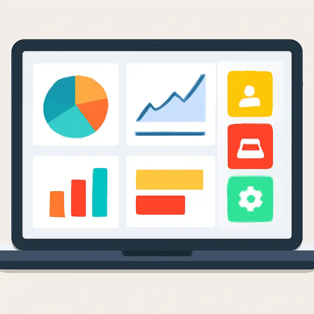 Laptop shown from the front displaying a colourful flat dashboard of abstract charts, bars and icon tiles, Rummy Nabob