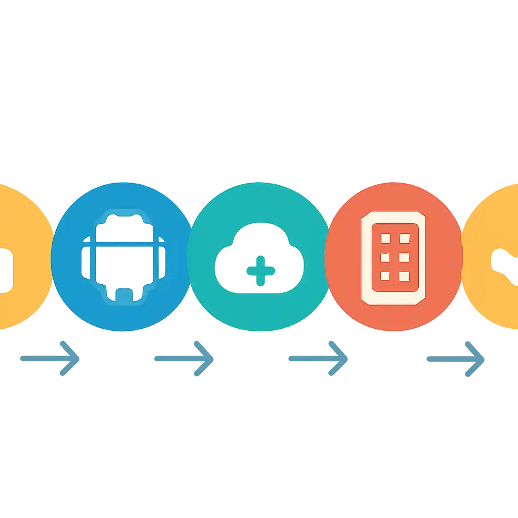Five numbered circular icons connected by arrows in a horizontal flow, Rummy Nabob: Download and Install on Android steps