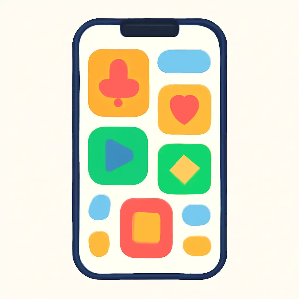 Smartphone shown from the front displaying a colourful flat layout of abstract game icons and rounded tiles, Rummy Nabob