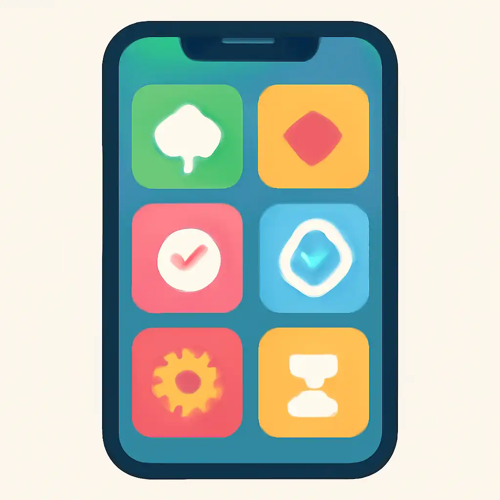 Smartphone shown from the front displaying a colourful flat layout of abstract game icons and rounded tiles, Rummy Nabob