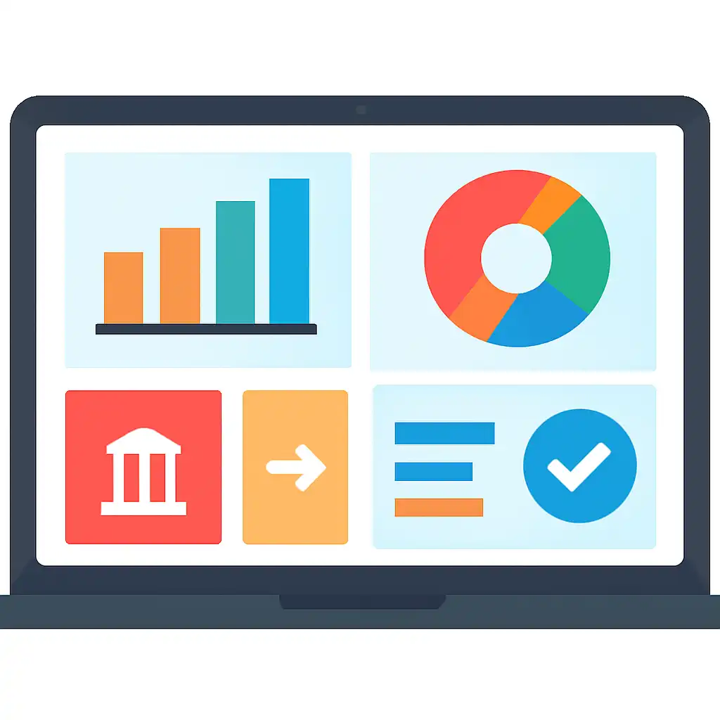 Laptop shown from the front displaying a colourful flat dashboard of abstract charts, bars and icon tiles, Rummy Nabob