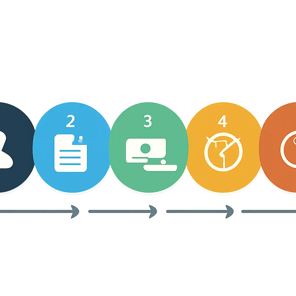 Five numbered circular icons connected by arrows in a horizontal flow, Rummy Nabob Withdrawal Process and Timelines steps