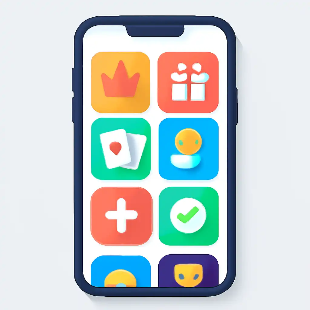 Smartphone shown from the front displaying a colourful flat layout of abstract game icons and rounded tiles, Rummy Nabob