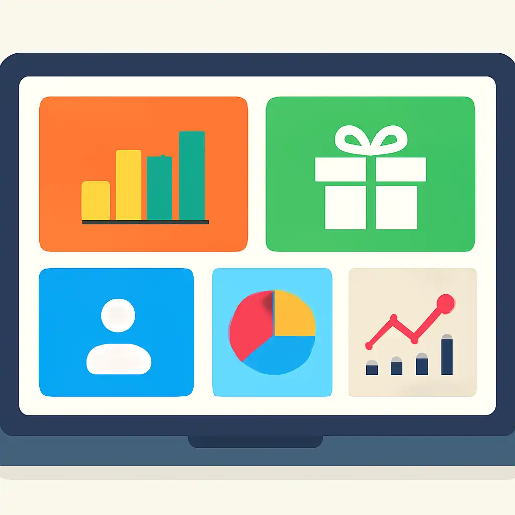 Laptop shown from the front displaying a colourful flat dashboard of abstract charts, bars and icon tiles, Rummy Nabob