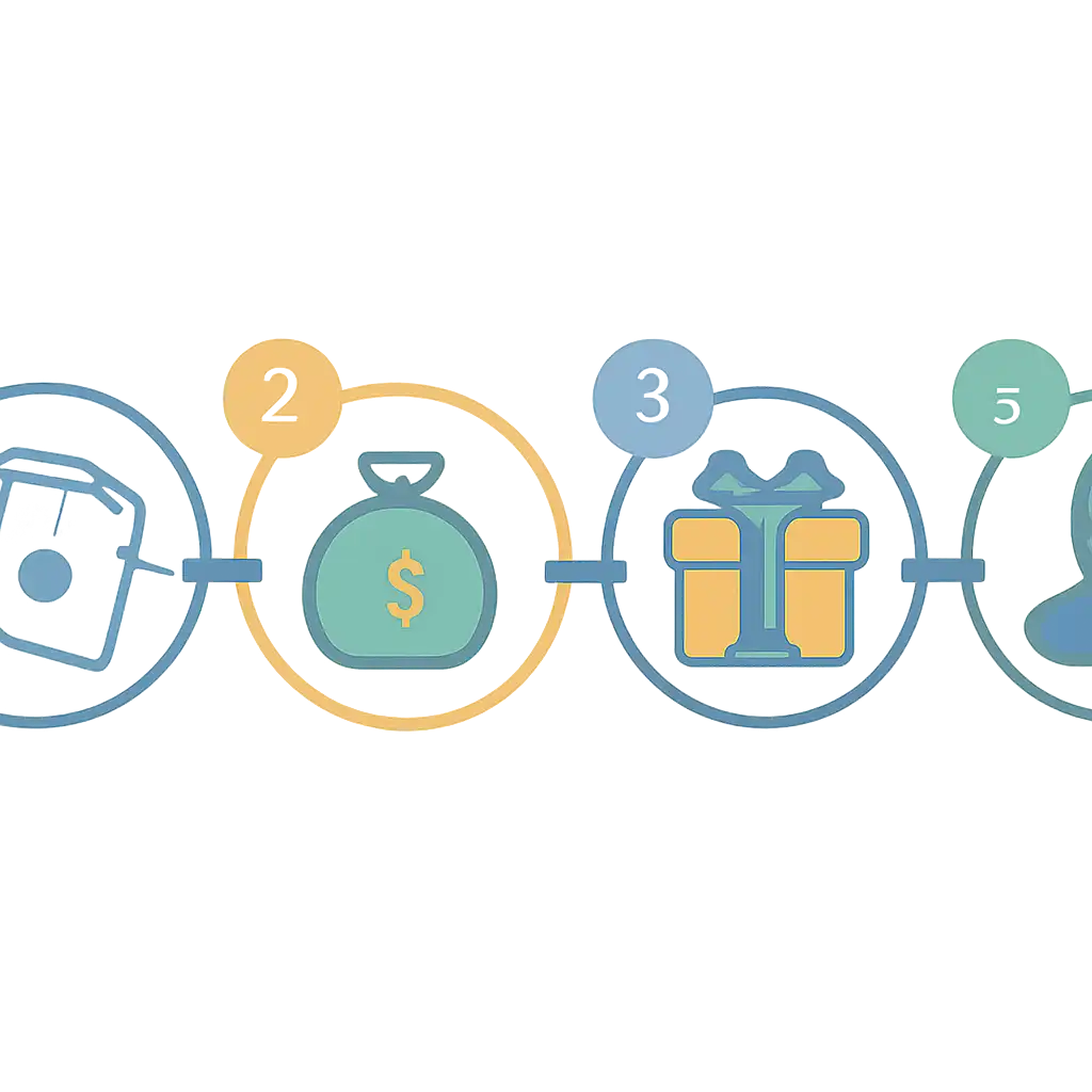 Five numbered circular icons connected by arrows in a horizontal flow, Rummy Nabob Games, Bonuses and Referral Rewards steps