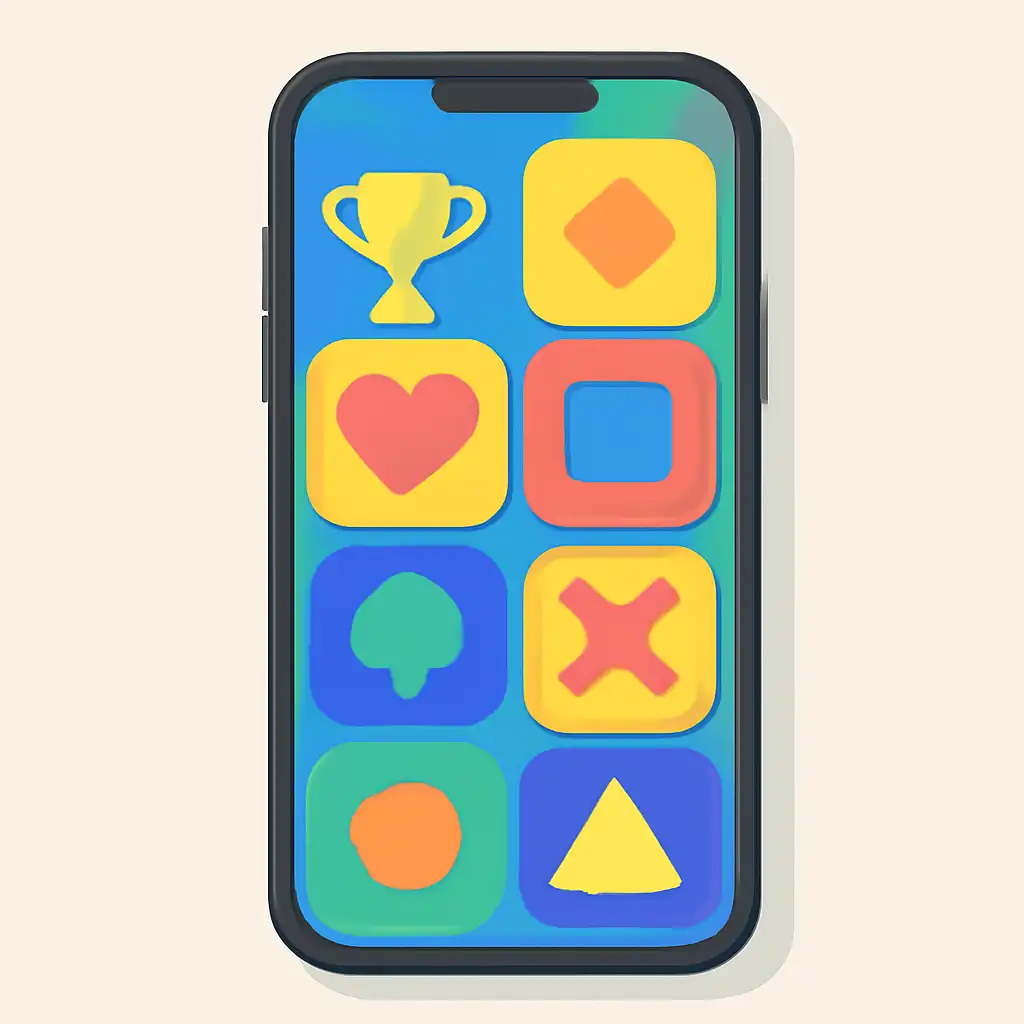 Smartphone shown from the front displaying a colourful flat layout of abstract game icons and rounded tiles, Is Rummy Nabob
