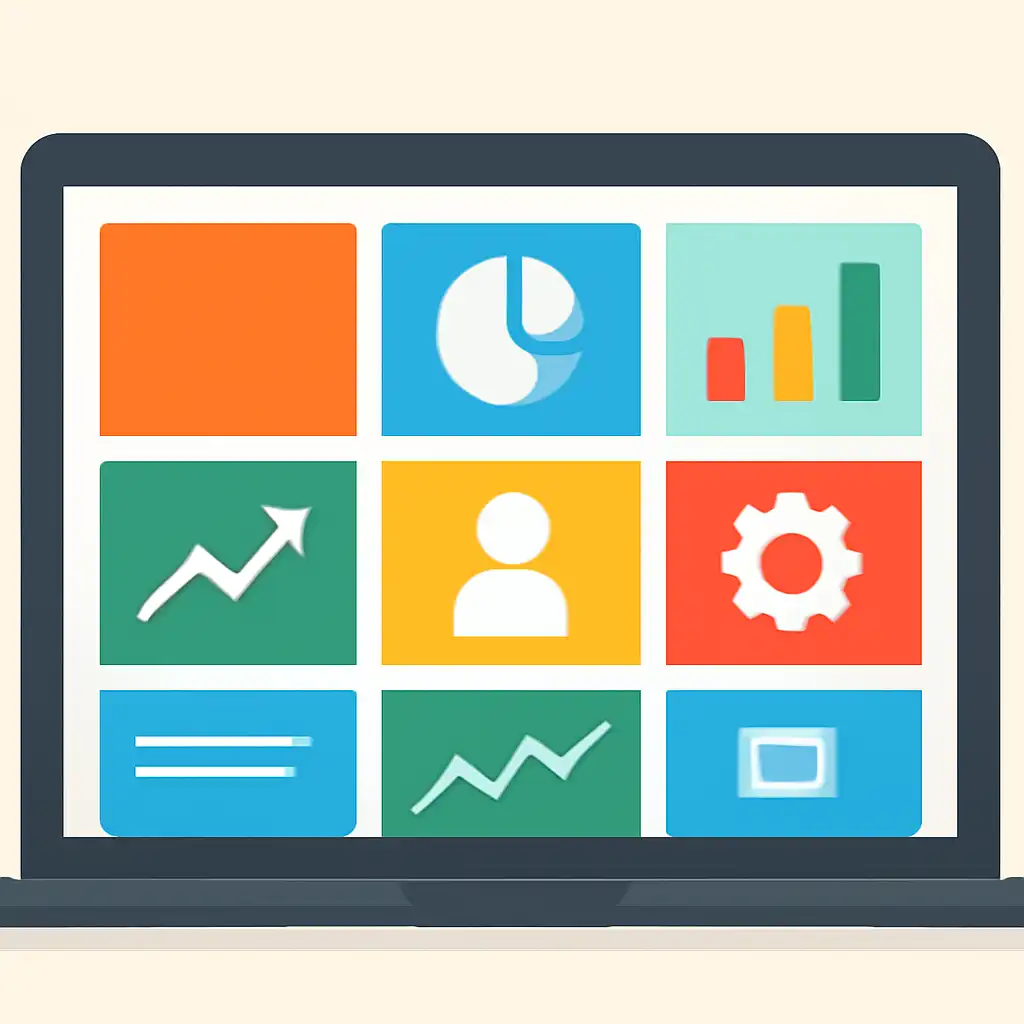 Laptop shown from the front displaying a colourful flat dashboard of abstract charts, bars and icon tiles, Is Rummy Nabob