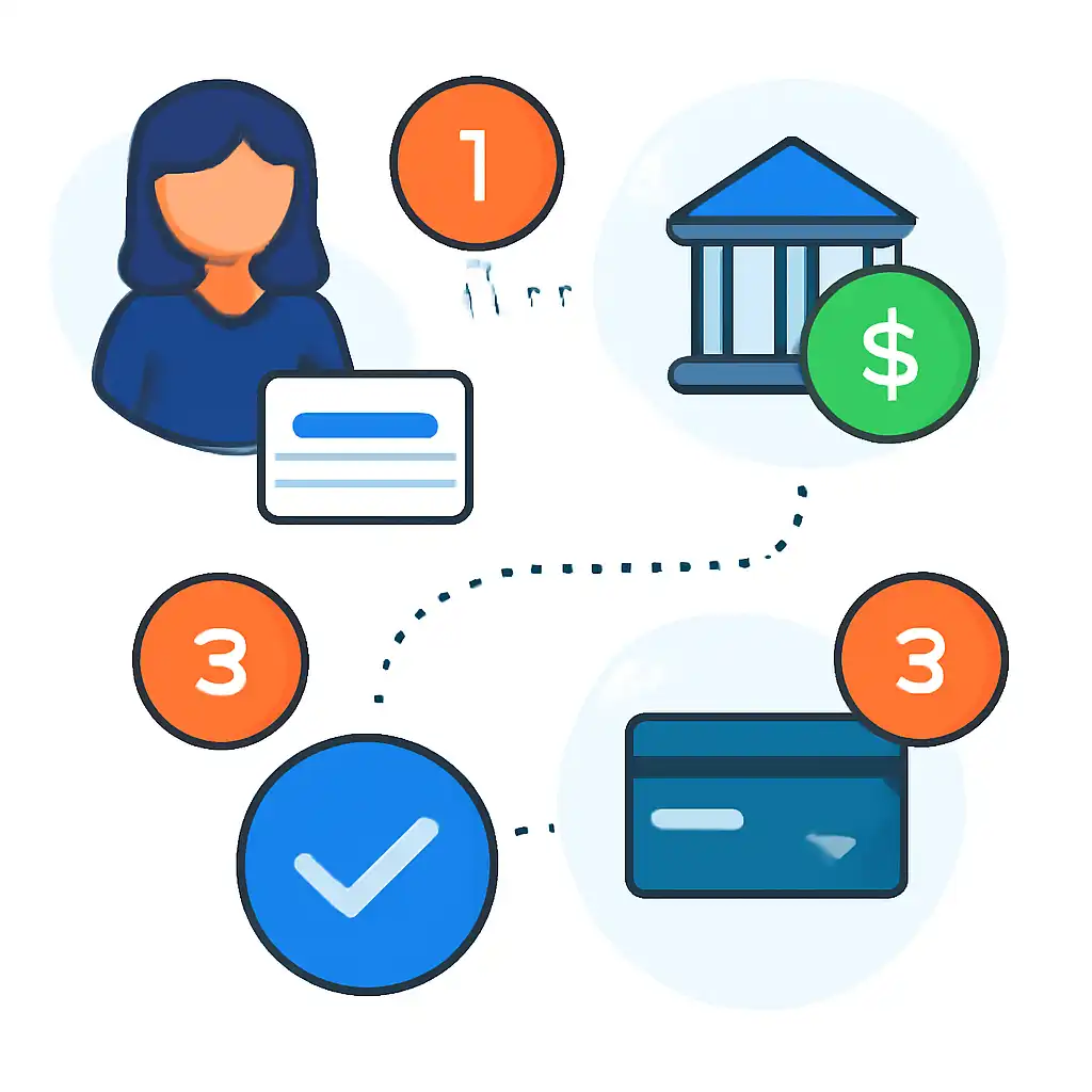 Annotated step diagram: bank transfer times process with numbered callouts, Rummy Nabob