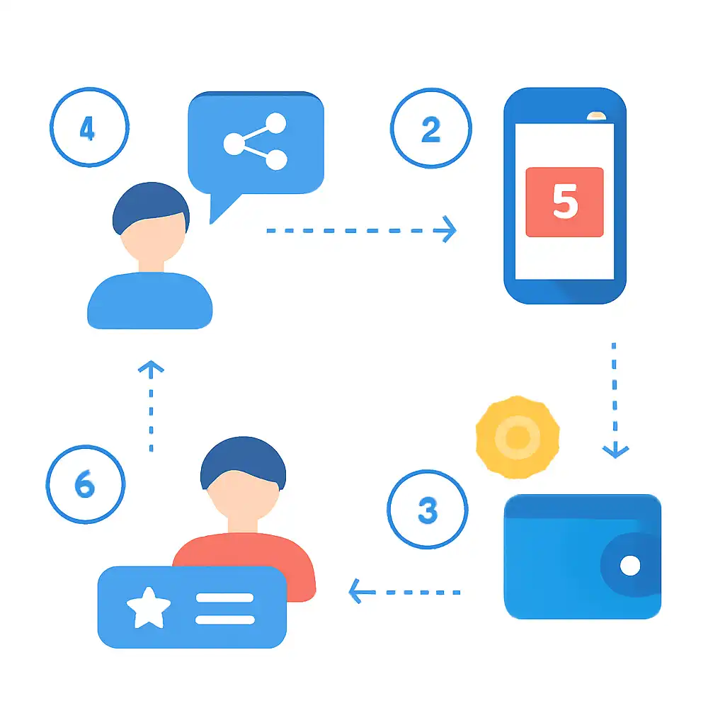 Annotated step diagram: referral rewards process with numbered callouts, Rummy Nabob
