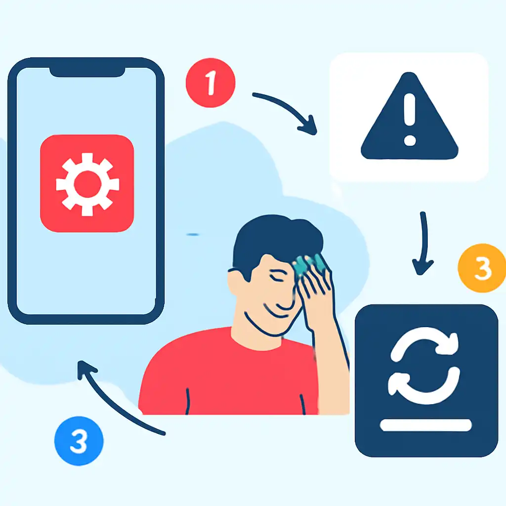 Annotated step diagram: app update problems process with numbered callouts, Rummy Nabob
