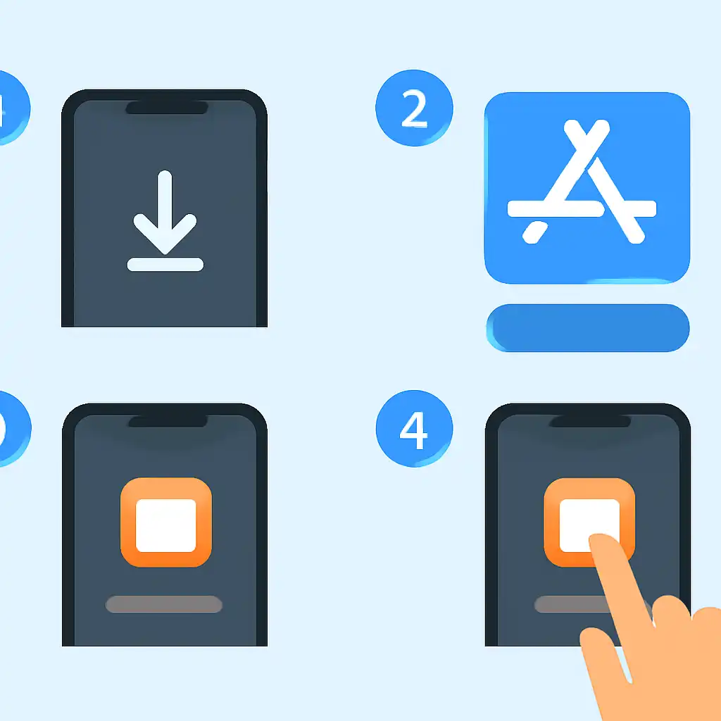 Annotated step diagram: ios app install process with numbered callouts, Rummy Nabob