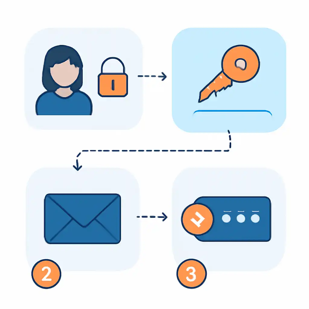 Annotated step diagram: password reset process with numbered callouts, Rummy Nabob