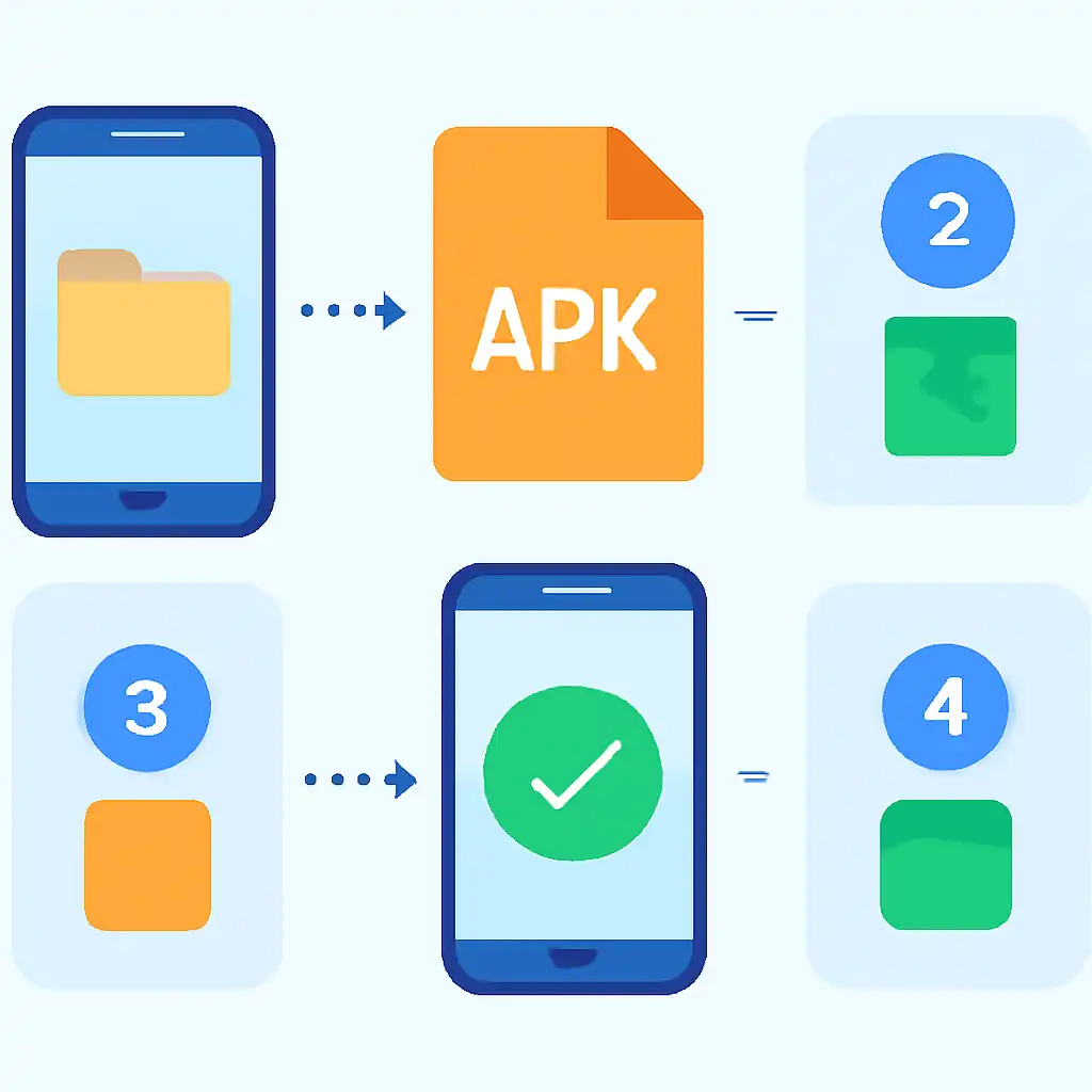 Annotated step diagram: android apk install process with numbered callouts, Rummy Nabob